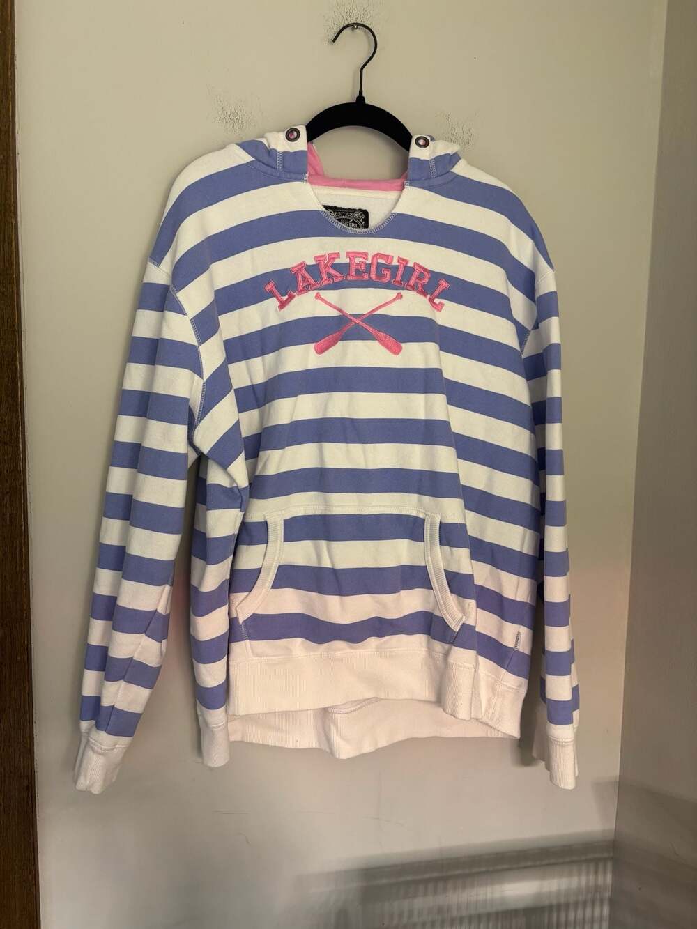 Lakegirl Lakeside Striped Pullover Hoodie with Pink Embroidery Sz XXL